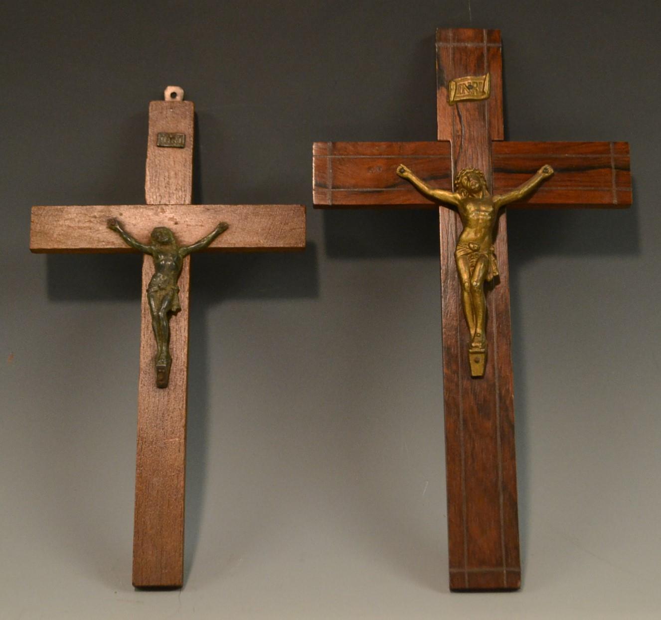 A 19th century gilt metal corpus christi, the rosewood cross outlined with brass stringing,