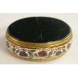 A 19th century agate mounted gilt metal and enamel oval snuff box, hinged cover,