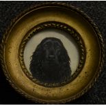 English School, a canine portrait miniature, of a black spaniel, watercolour, circular, 6cm diam,
