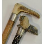 A 19th century malacca walking cane, L-shaped antler handle,