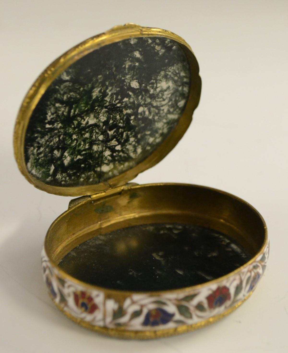 A 19th century agate mounted gilt metal and enamel oval snuff box, hinged cover, - Image 2 of 11