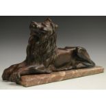 French School (19th century), a brown patinated bronze, of a recumbent lion, marble base,