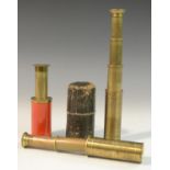 A 19th century lacquered brass three-draw pocket telescope, extending to 17cm long; another,
