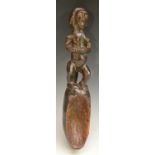 Tribal Art - a Dan figural spoon, oval bowl, 38cm long,