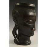 Tribal Art - a Kuba figural libation vessel, carved as a head, 17.