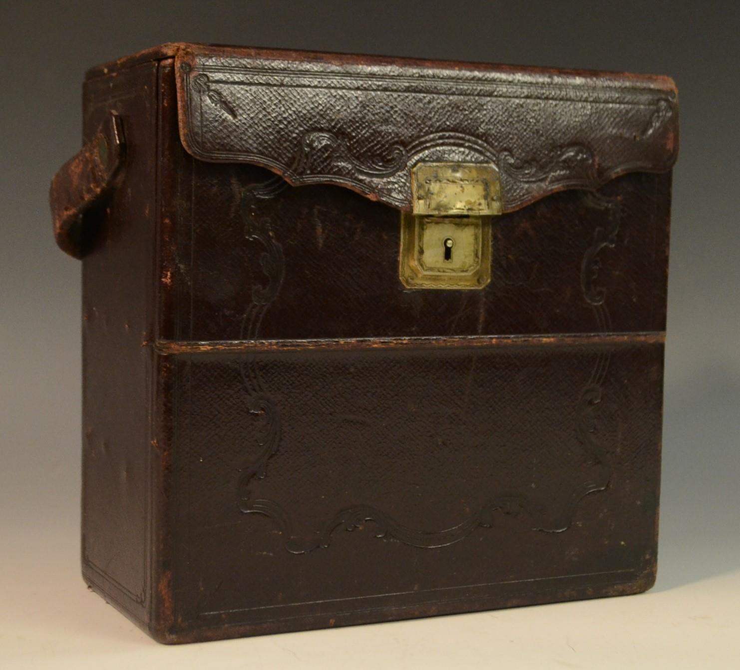 A 19th century tooled morroco leather box, probably for stereoscopic viewer cards, - Image 2 of 5