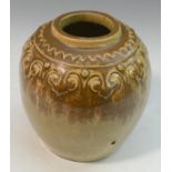 A Chinese stoneware ginger jar, moulded pendant border to shoulder, two-tone buff glaze,