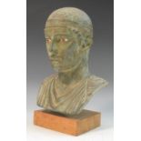 A museum type verdigris patinated composition bust, after the Ancient Greek, mounted for display,