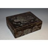A 19th century beadwork box, hinged cover decorated with a bird of prey,