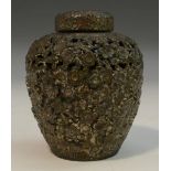 A Japanese silvered ovoid censer and cover, of small proportions, chased,