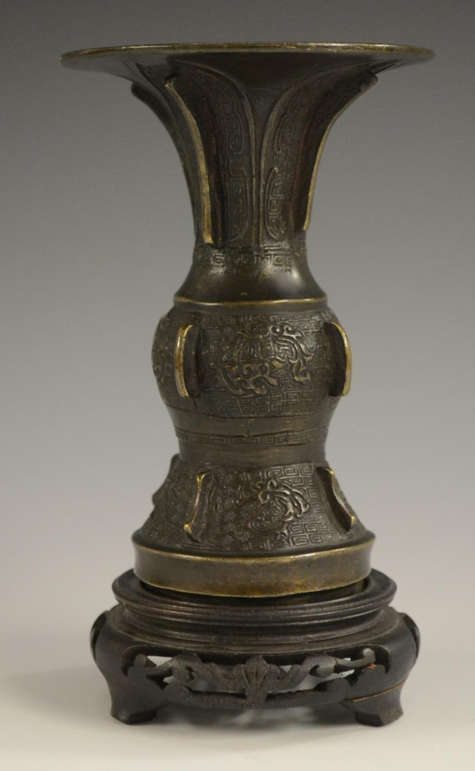 A 19th century Chinese bronze gu beaker vase, cast in the Archaic manner, 14cm high, - Image 3 of 5