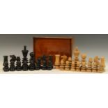 A French Regency type pattern boxwood and ebony chess set, the Kings 9.