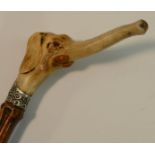 A Japanese stag antler novelty walking cane handle, carved as the head of an elephant, Meiji period,