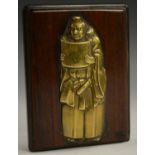 A Japanese bronze-mounted hardwood plaque, the front inset with a figural relief of an official,