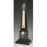 A Derbyshire Ashford marble obelisk thermometer, inlaid in specimen stones with a flower,