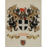 Heraldry - a watercolour armorial, the heraldic achievement of Hallam, 35cm x 27.