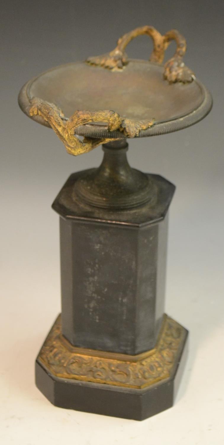 A 19th century parcel-gilt and brown patinated bronze saucer-shaped mantel urn, - Image 3 of 3