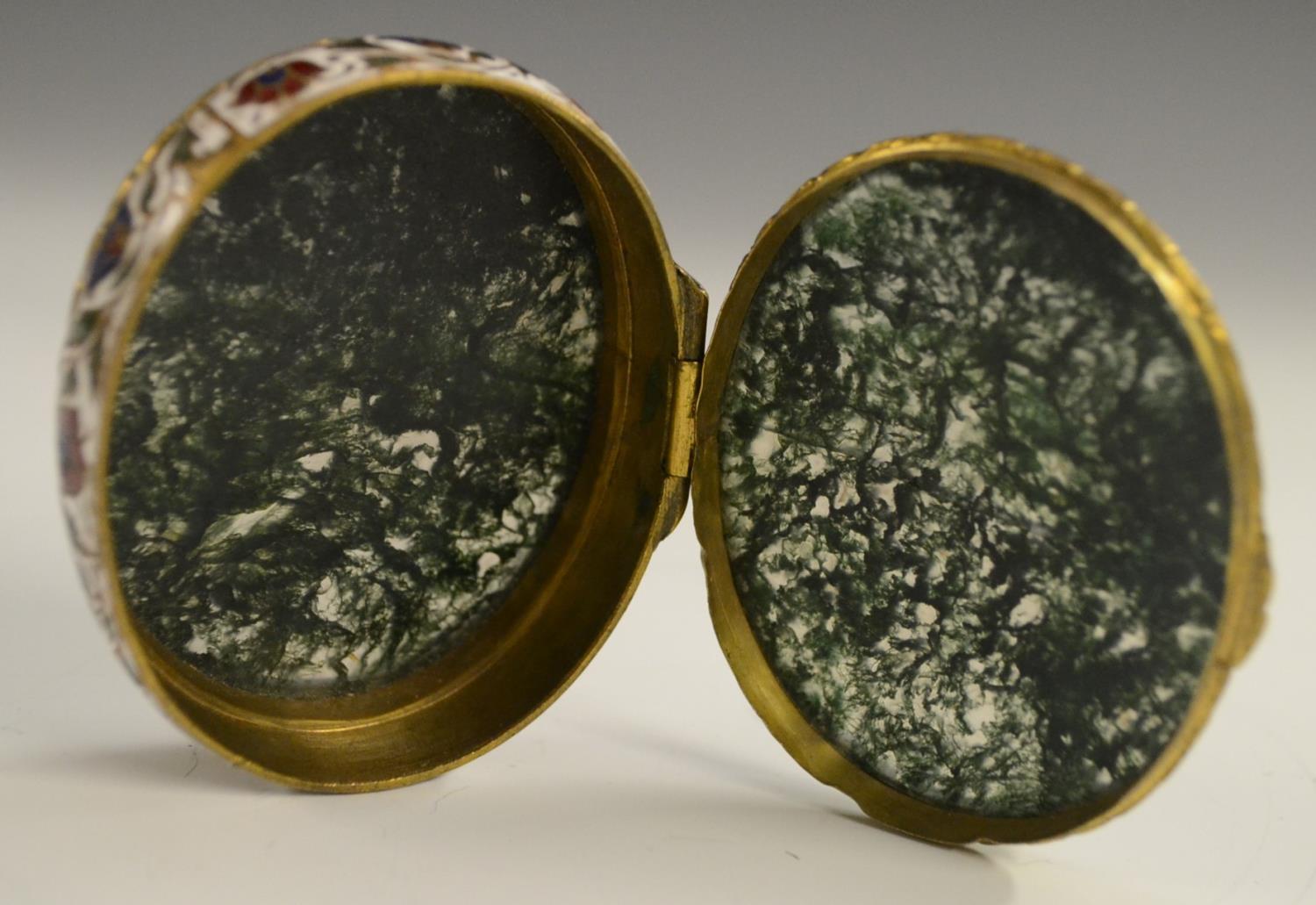 A 19th century agate mounted gilt metal and enamel oval snuff box, hinged cover, - Image 4 of 11