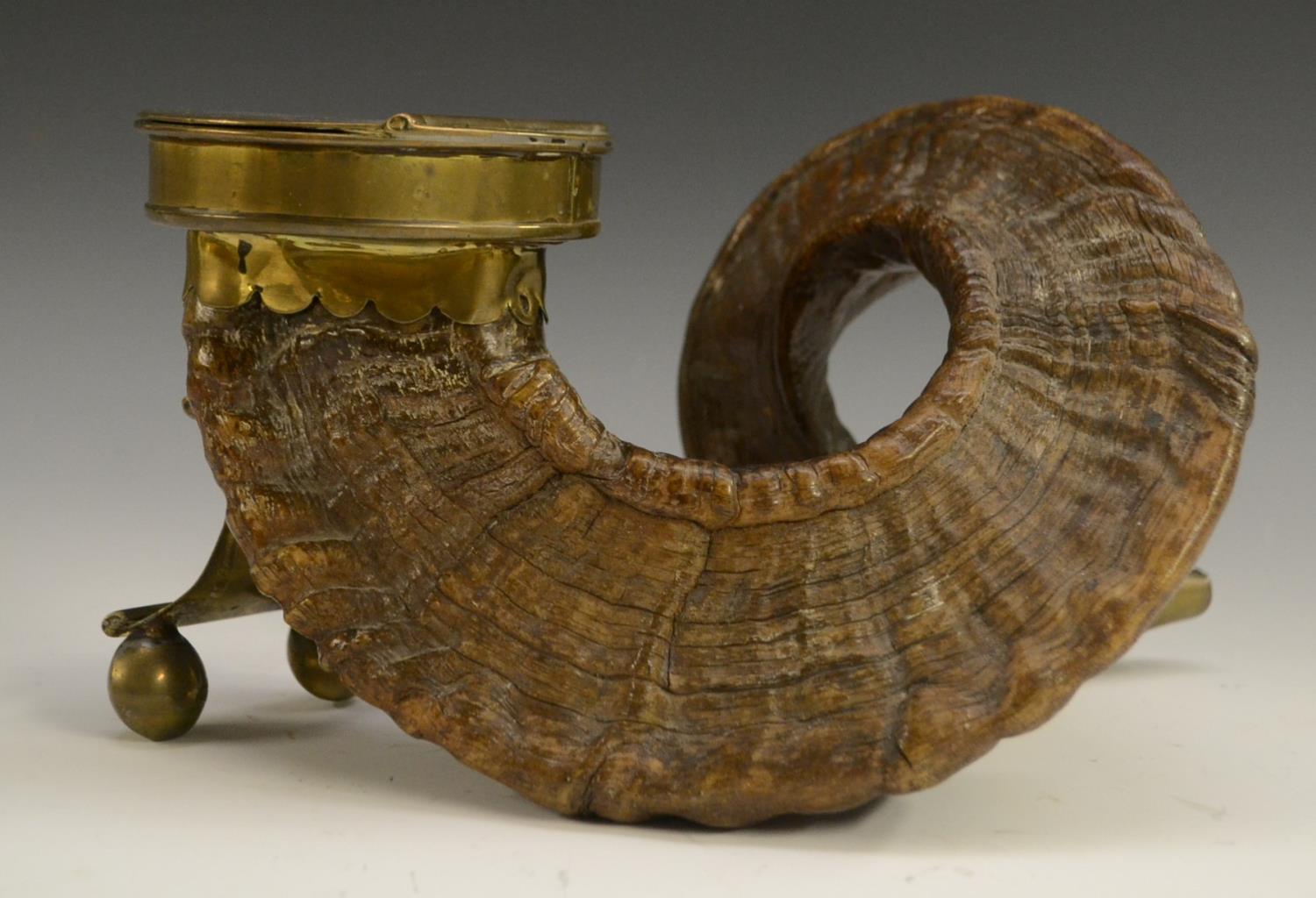 A 19th century Scottish ram's horn table snuff mull, hinged cover, 26cm wide, c. - Image 2 of 7