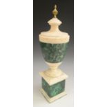A Neoclassical style malachite and white marble urn, fluted finial, square base, 42.