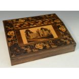 A 19th century Tunbridge ware and rosewood writing slope, inlaid with a view of Battle Abbey,