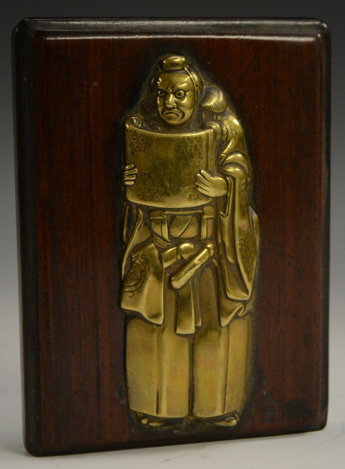 A Japanese bronze-mounted hardwood plaque, the front inset with a figural relief of an official, - Image 2 of 6