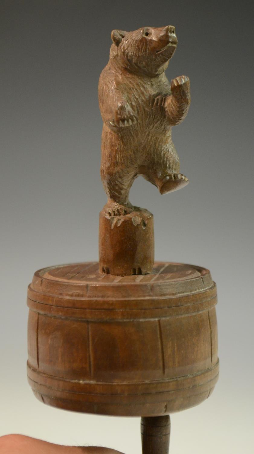 A Black Forest hand-held musical parlour amusement, as a bear dancing upon a barrel, - Image 3 of 8