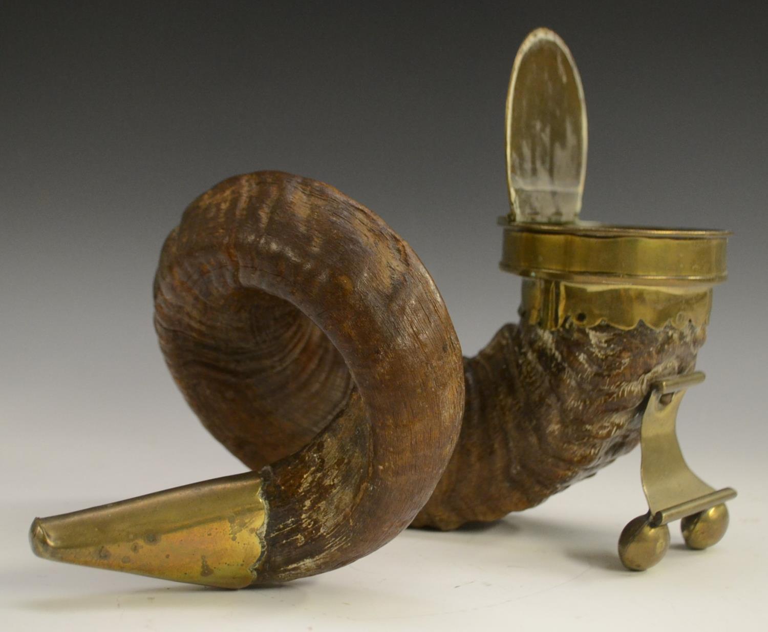 A 19th century Scottish ram's horn table snuff mull, hinged cover, 26cm wide, c. - Image 4 of 7