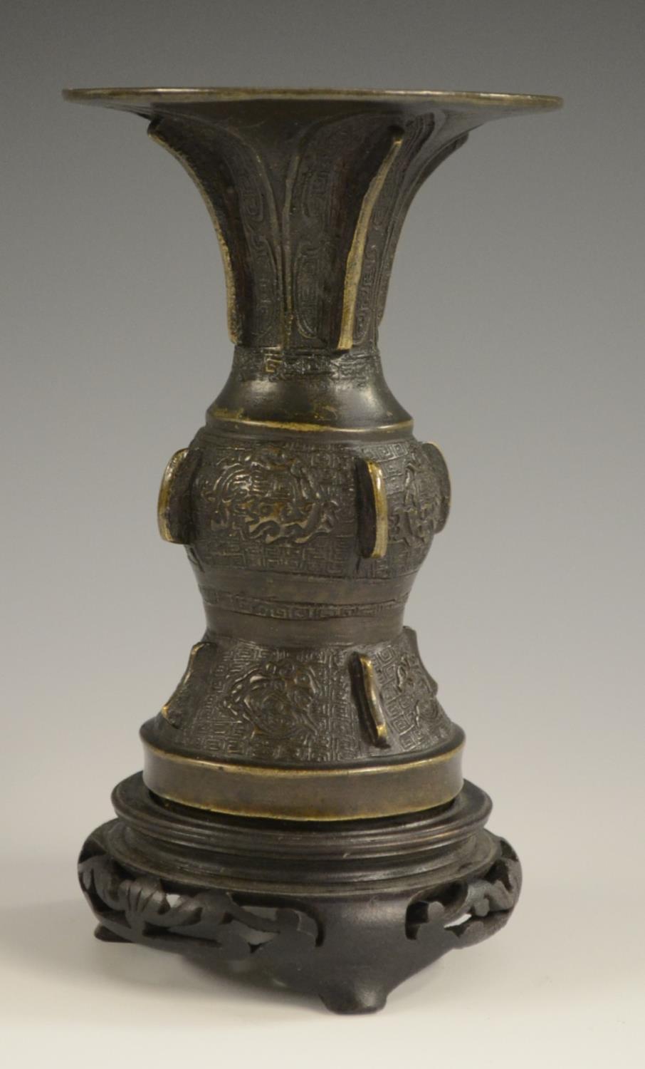 A 19th century Chinese bronze gu beaker vase, cast in the Archaic manner, 14cm high, - Image 2 of 5