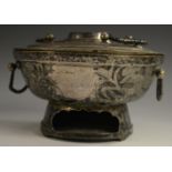 A Chinese silver brazier or censer, the cover enclosing a reservoir and barrel shaped chamber,