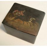 A Russian lacquer rectangular box, hinged cover decorated with children in a horse drawn gig,