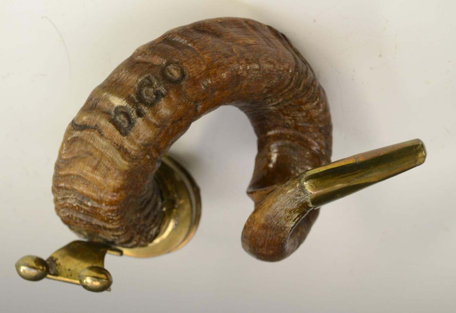 A 19th century Scottish ram's horn table snuff mull, hinged cover, 26cm wide, c. - Image 6 of 7