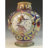 An Italian maiolica and lustre compressed ovoid vase, brightly decorated with portrait roundels,