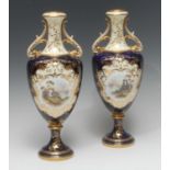 A pair of Coalport pedestal ovoid two handled vases, painted by P Simpson, signed,