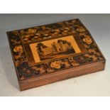 A 19th century Tunbridge ware and rosewood writing slope, inlaid with a view of Battle Abbey,