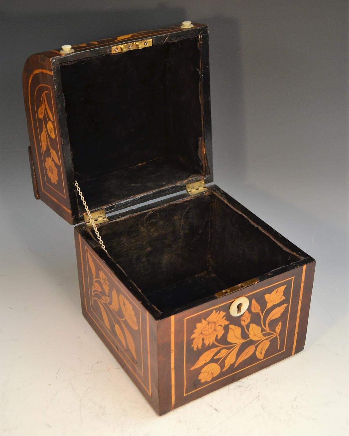 A 19th century Dutch satinwood marquetry and mahogany decanter box, profusely inlaid with a bird, - Image 2 of 2