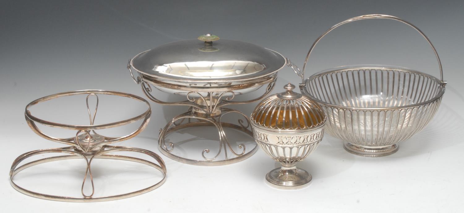 A 19th century wirework bowl, swing handle, clear glass liner, 26.