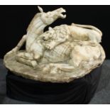 After Ruggero Bascape, a substantial garden marble sculpture, Lion attacking a horse,
