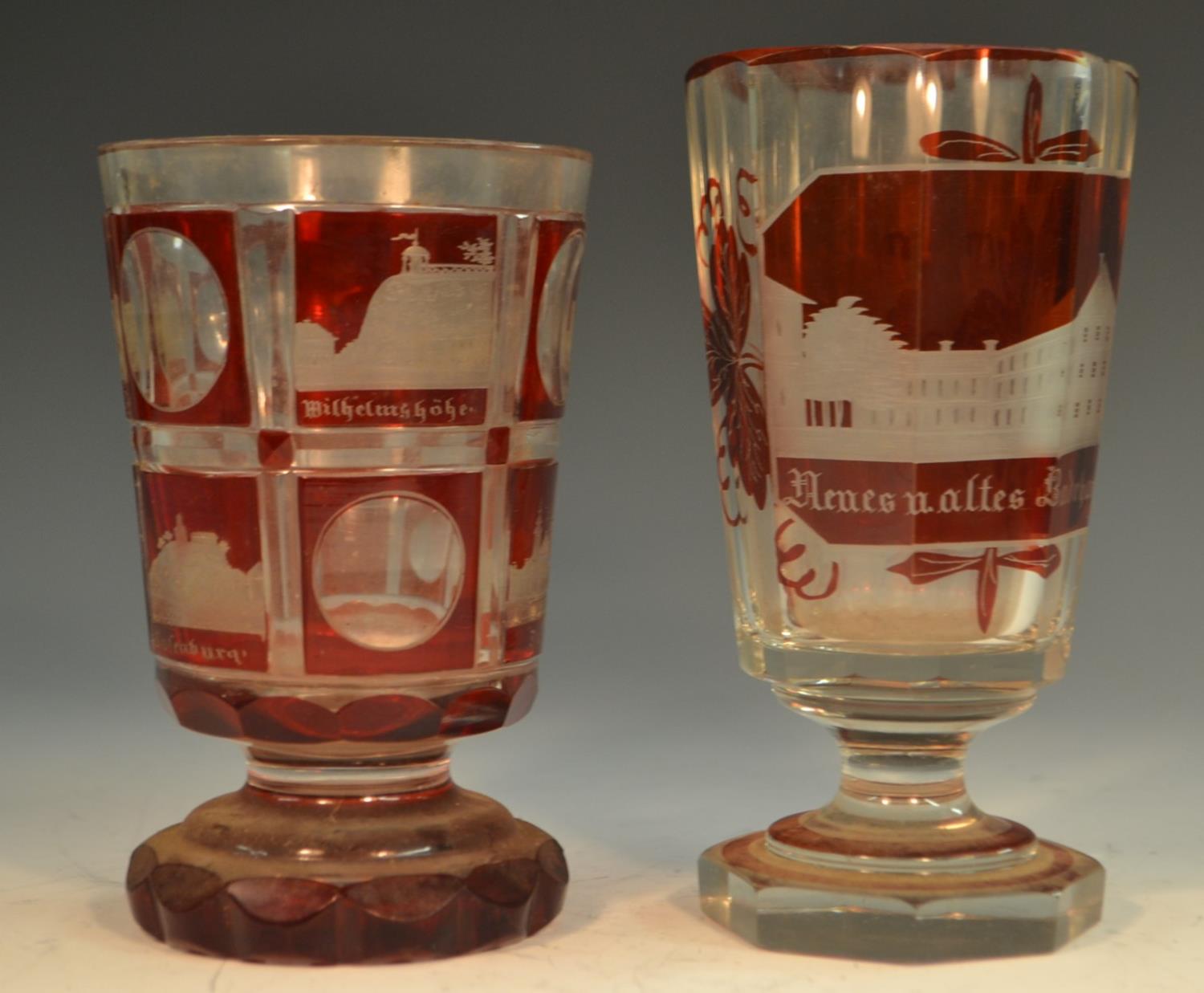 A 19th century Bohemian Named-View ruby and clear glass tapering octagonal goblet, Badehaus, - Image 6 of 6