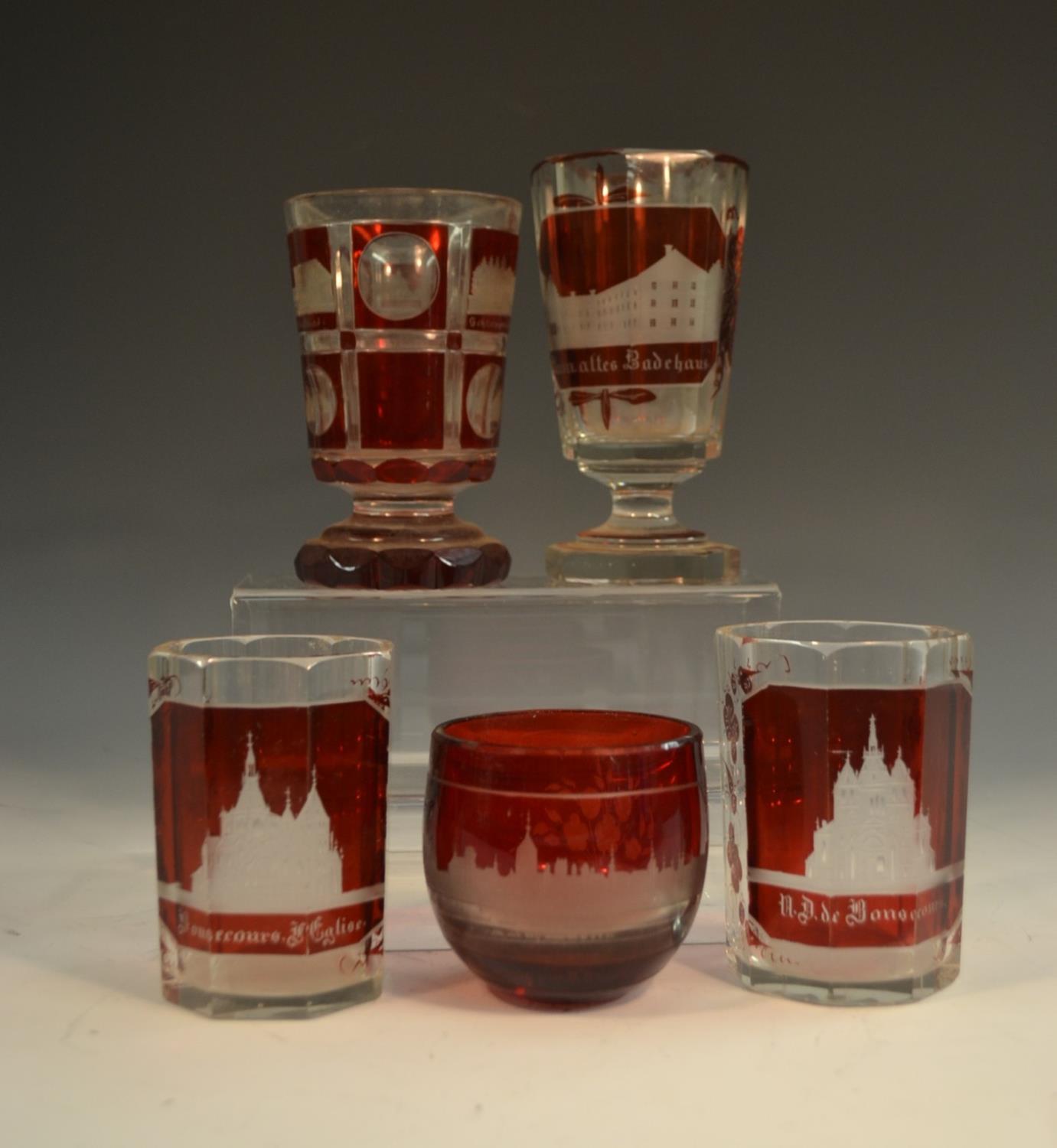 A 19th century Bohemian Named-View ruby and clear glass tapering octagonal goblet, Badehaus, - Image 2 of 6