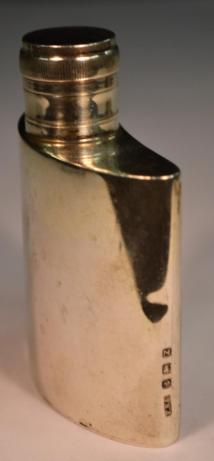 A George V silver curved rectangular hip flask, hinged bayonet cover, 8cm long, - Image 3 of 3