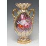 A Coalport ovoid vase, well decorated with flowers within a gilt cartouche on a turquoise ground,