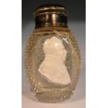 A 19th century silver coloured metal mounted hobnail-cut clear glass sulphur scent bottle,