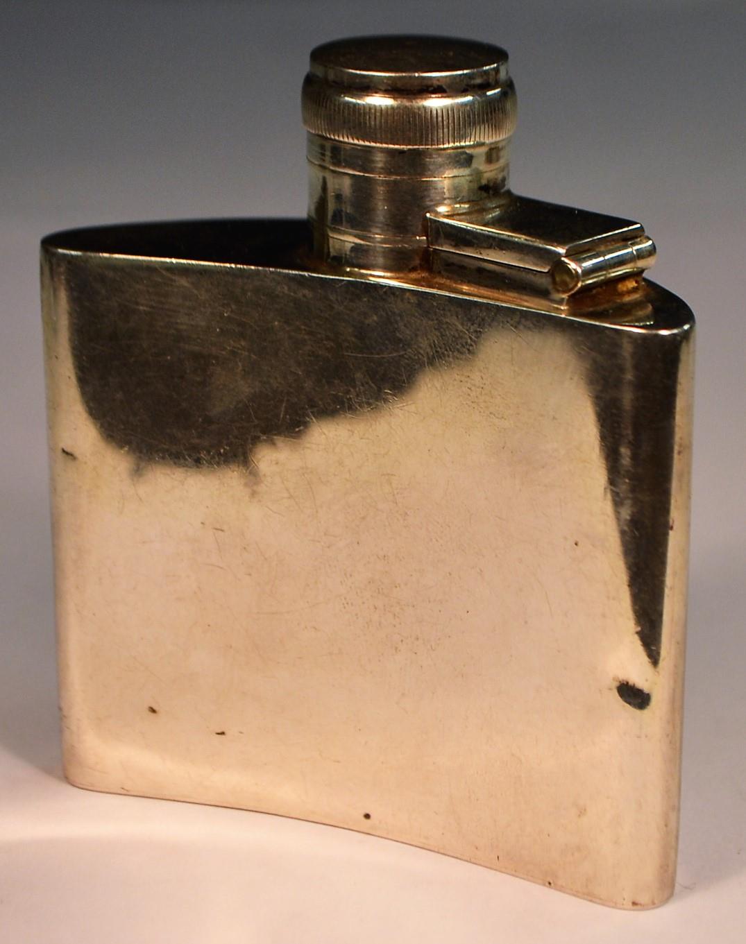 A George V silver curved rectangular hip flask, hinged bayonet cover, 8cm long, - Image 2 of 3