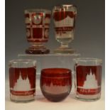 A 19th century Bohemian Named-View ruby and clear glass tapering octagonal goblet, Badehaus,