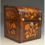 A 19th century Dutch satinwood marquetry and mahogany decanter box, profusely inlaid with a bird,