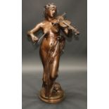 Eugene Delaplanche (1836 - 1891), a brown patinated figure, La Musique, 85cm high,