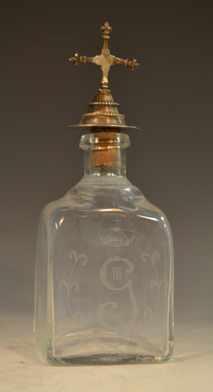 A Swedish royal commemorative glass square baluster decanter,