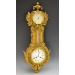 A 19th century gilt metal wall hanging combination clock, barometer and thermometer,
