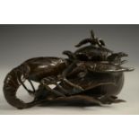 A bronze lobster inkwell, hinged cover,